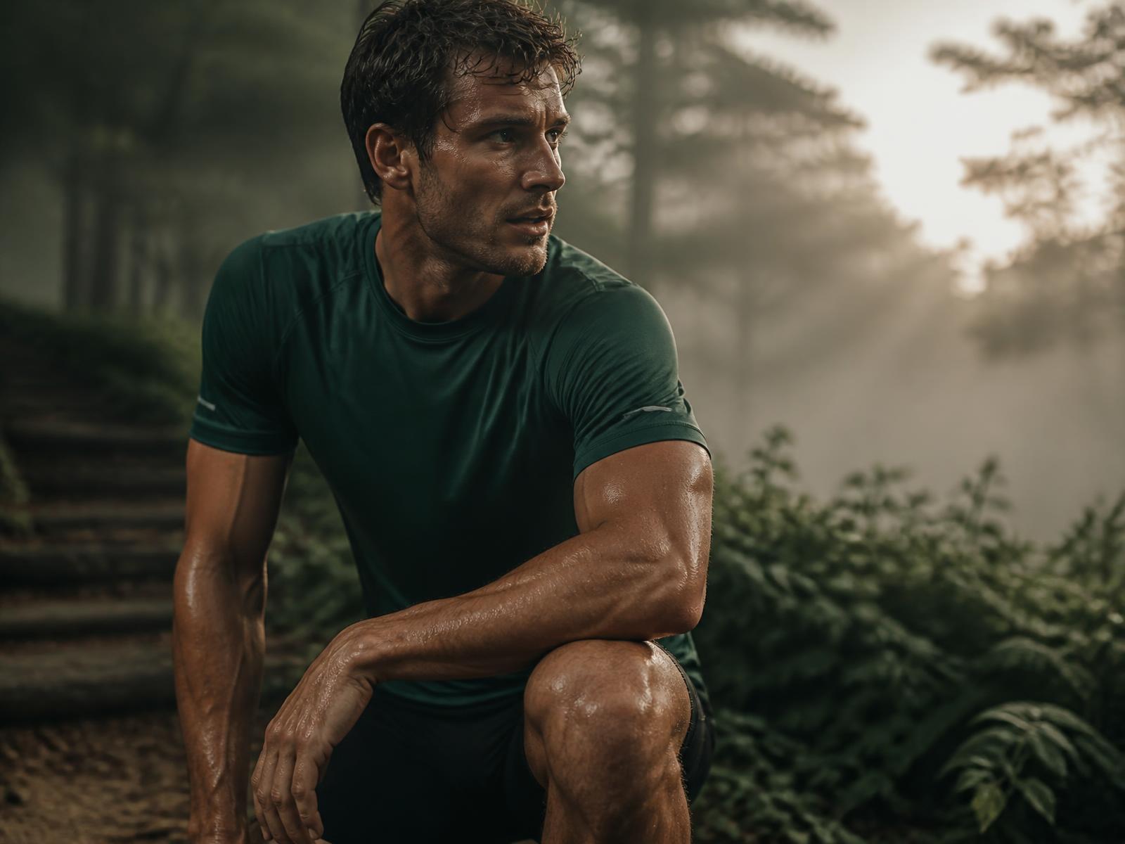 Athlete resting after training in a misty forest park wearing Curupira Sports kit